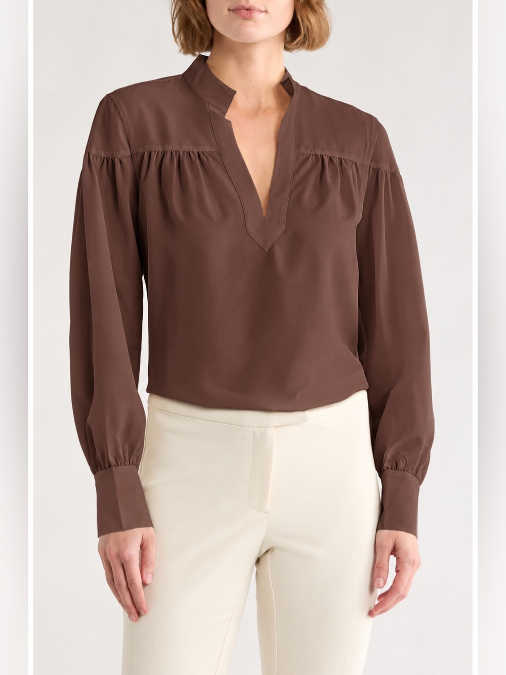 FRAME Chocolate Brown Shirred Yoke Split Neck Blouse Size S Long Sleeve